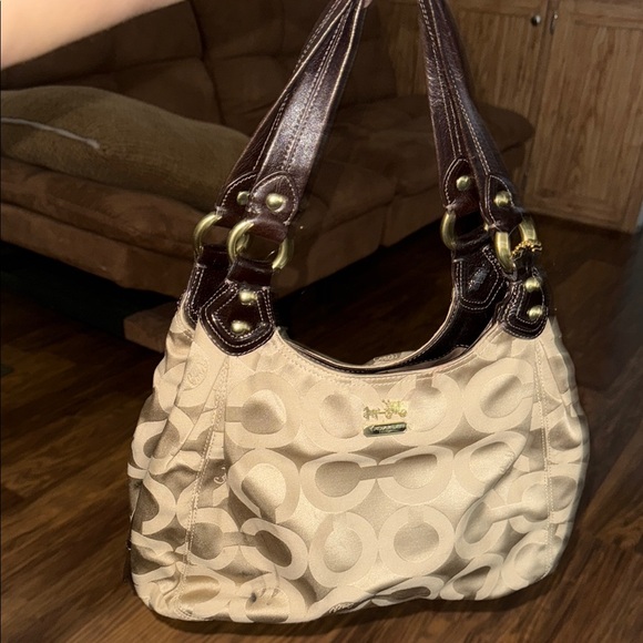 Coach Brown and Tan Shoulder Bag with Signature Monogram